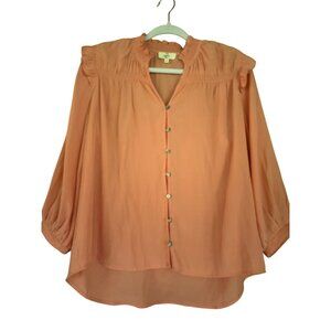 Anthropologie Peach Button-Up Blouse With Ruffle Trim & 3/4 Sleeves Lightweight